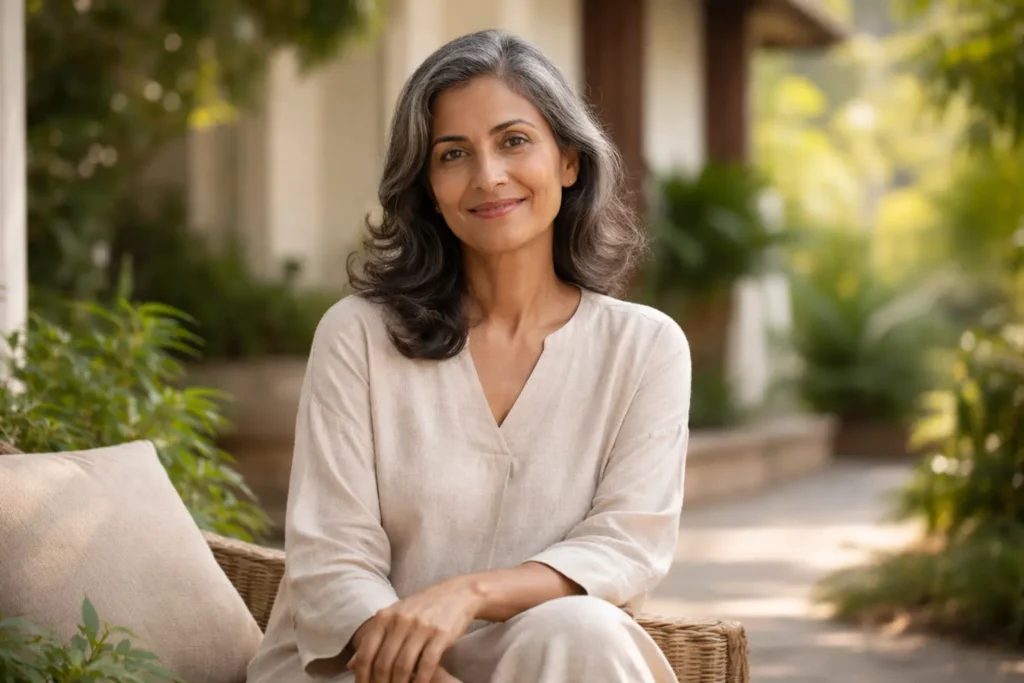 Women wellness Women’s Wellness after 50 – confident Sri Lankan woman in her 50s relaxing in a calm garden setting, reflecting healthy ageing, mental wellbeing, and graceful lifestyle balance.