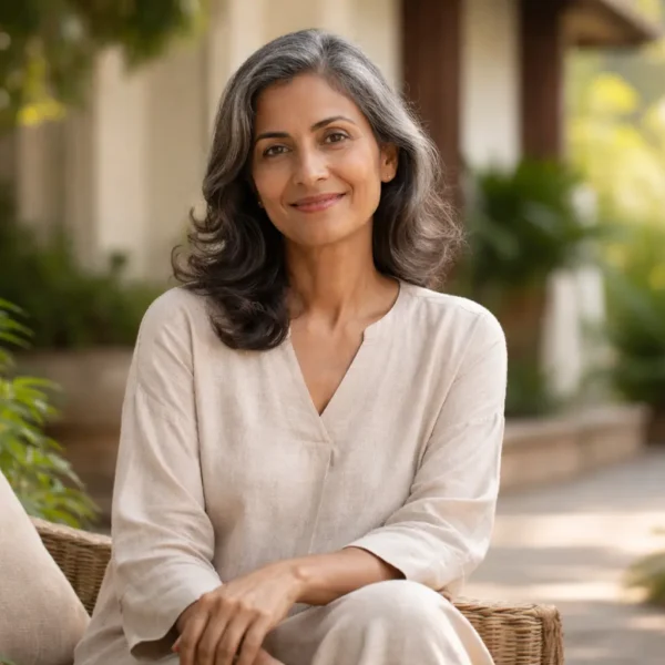 Women wellness Women’s Wellness after 50 – confident Sri Lankan woman in her 50s relaxing in a calm garden setting, reflecting healthy ageing, mental wellbeing, and graceful lifestyle balance.