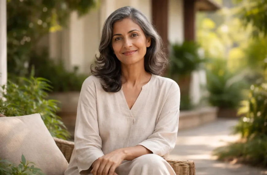 Women wellness Women’s Wellness after 50 – confident Sri Lankan woman in her 50s relaxing in a calm garden setting, reflecting healthy ageing, mental wellbeing, and graceful lifestyle balance.