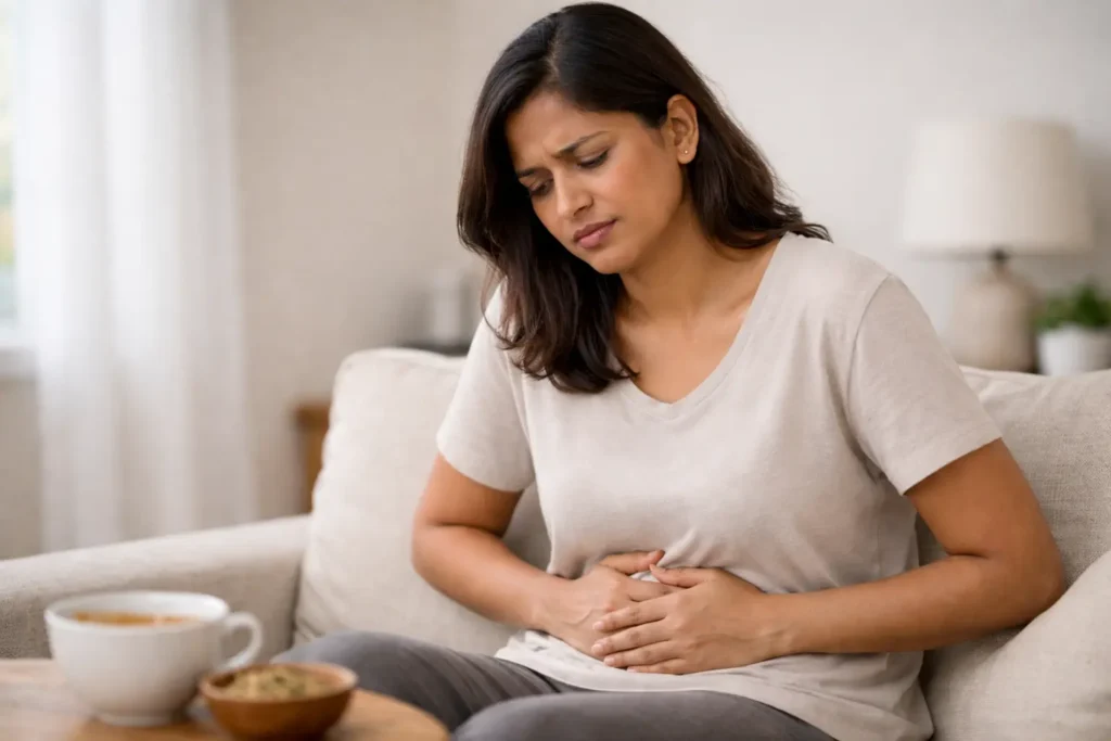 bloating | Sri Lankan woman sitting on a sofa holding her lower abdomen, showing visible discomfort from bloating in a calm home setting.
