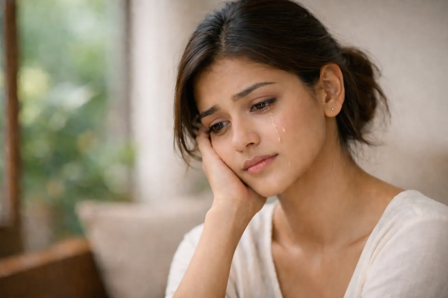 කඳුළු | A beautiful Sri Lankan woman sitting indoors in soft natural light, looking sad and reflective, with a single tear running down her right cheek, conveying quiet emotional pain and vulnerability.