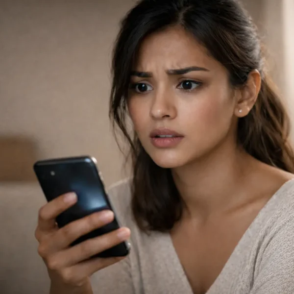 Social media | A concerned Sri Lankan woman holding a smartphone indoors, with a worried and confused expression, smooth natural skin, and soft lighting highlighting the emotional impact of social media pressure.