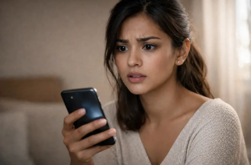 Social media | A concerned Sri Lankan woman holding a smartphone indoors, with a worried and confused expression, smooth natural skin, and soft lighting highlighting the emotional impact of social media pressure.