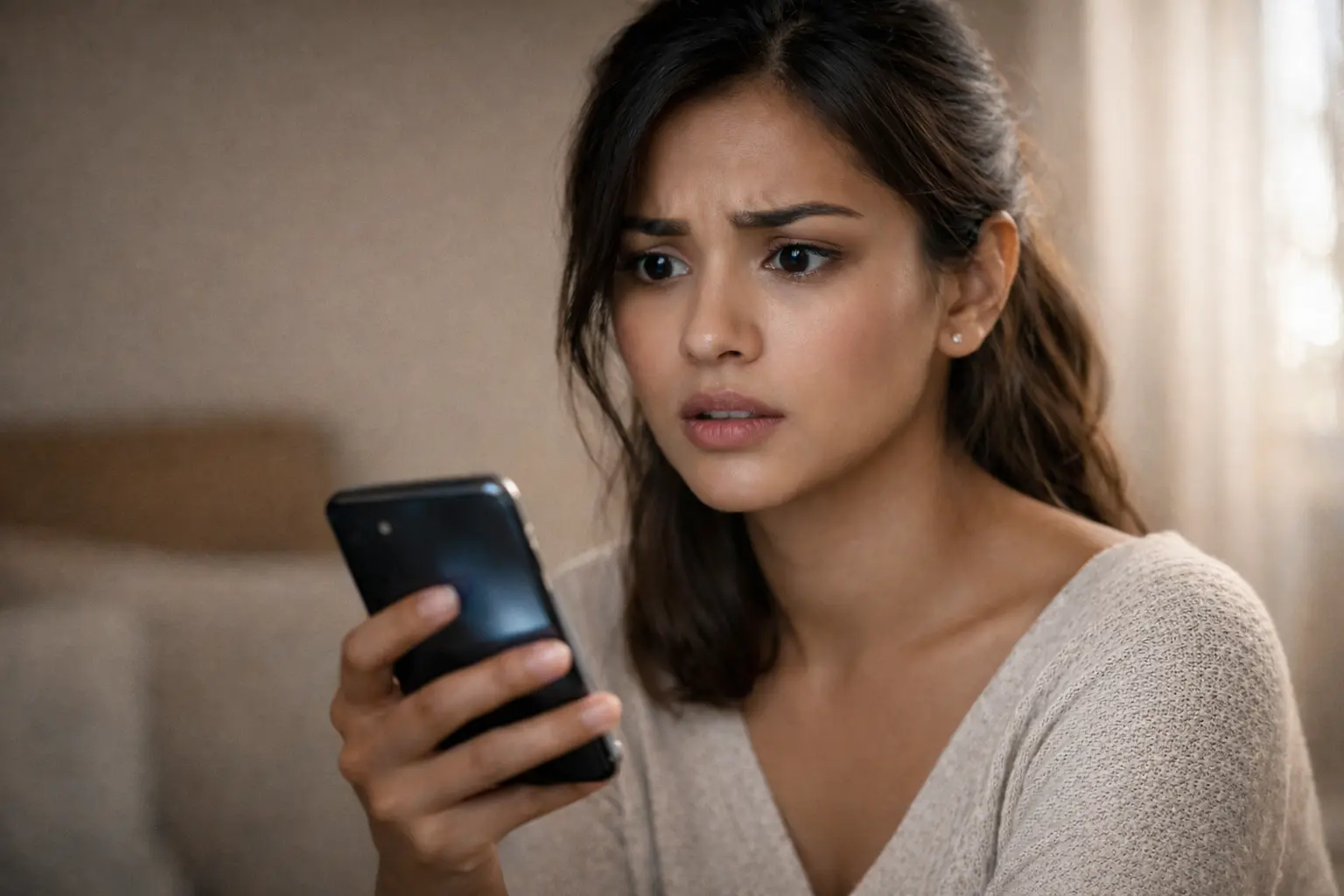 Social media | A concerned Sri Lankan woman holding a smartphone indoors, with a worried and confused expression, smooth natural skin, and soft lighting highlighting the emotional impact of social media pressure.