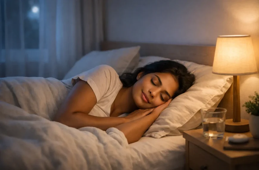 sleep quality | A Sri Lankan woman sleeping peacefully on her side in a softly lit modern bedroom, symbolising restorative sleep, women’s health, and overall wellbeing.