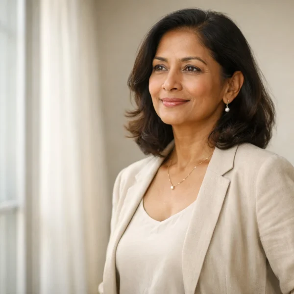 50+ | Confident Sri Lankan woman in her early 50s standing by a window in soft natural light, dressed in neutral tones, representing life after 50, maturity, and graceful strength.