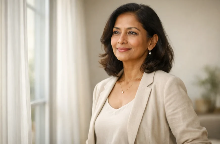 50+ | Confident Sri Lankan woman in her early 50s standing by a window in soft natural light, dressed in neutral tones, representing life after 50, maturity, and graceful strength.
