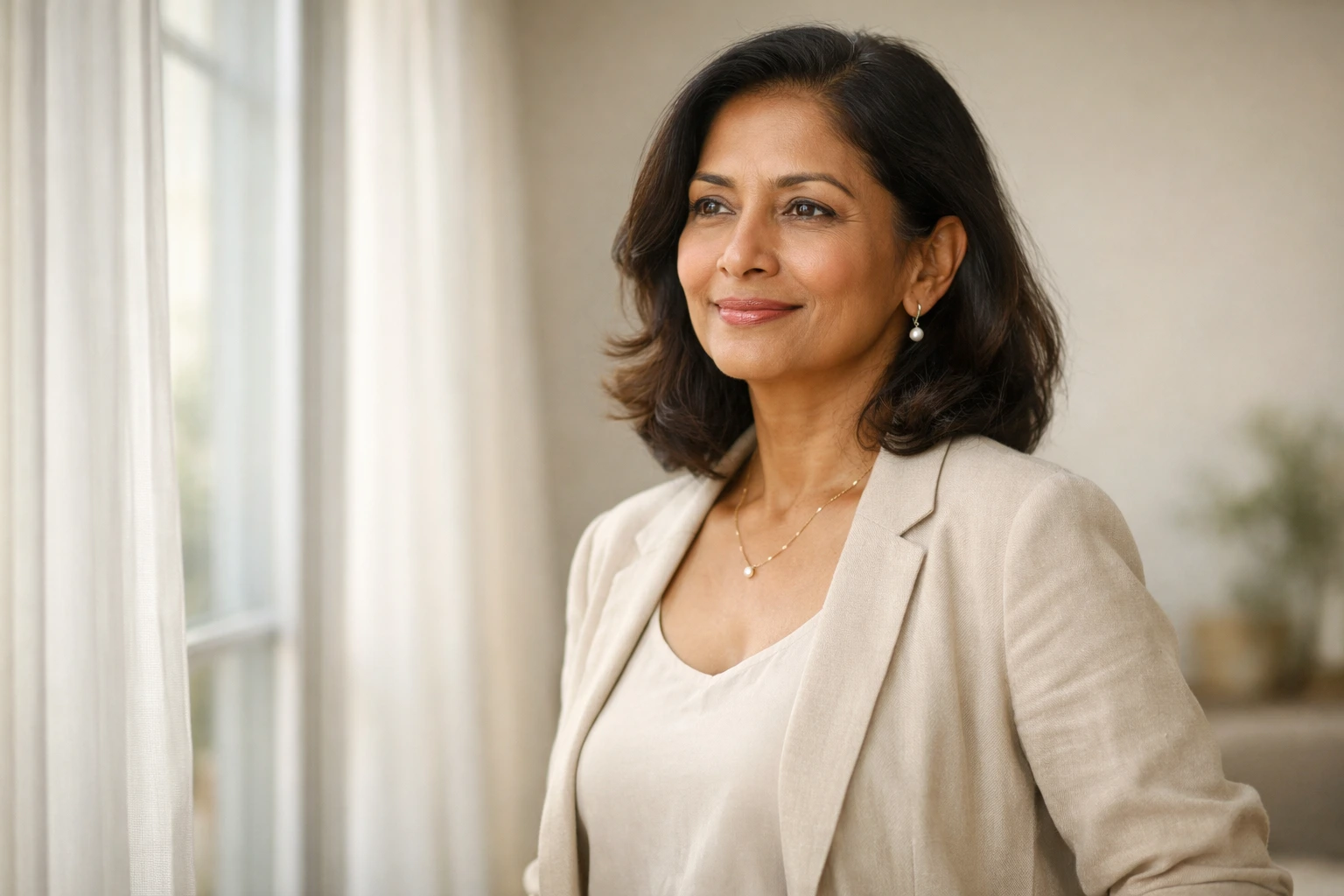 50+ | Confident Sri Lankan woman in her early 50s standing by a window in soft natural light, dressed in neutral tones, representing life after 50, maturity, and graceful strength.