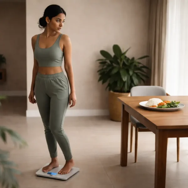 බර | Sri Lankan woman standing barefoot on a weight scale, looking directly at a rice plate on a dining table while considering healthy weight loss choices