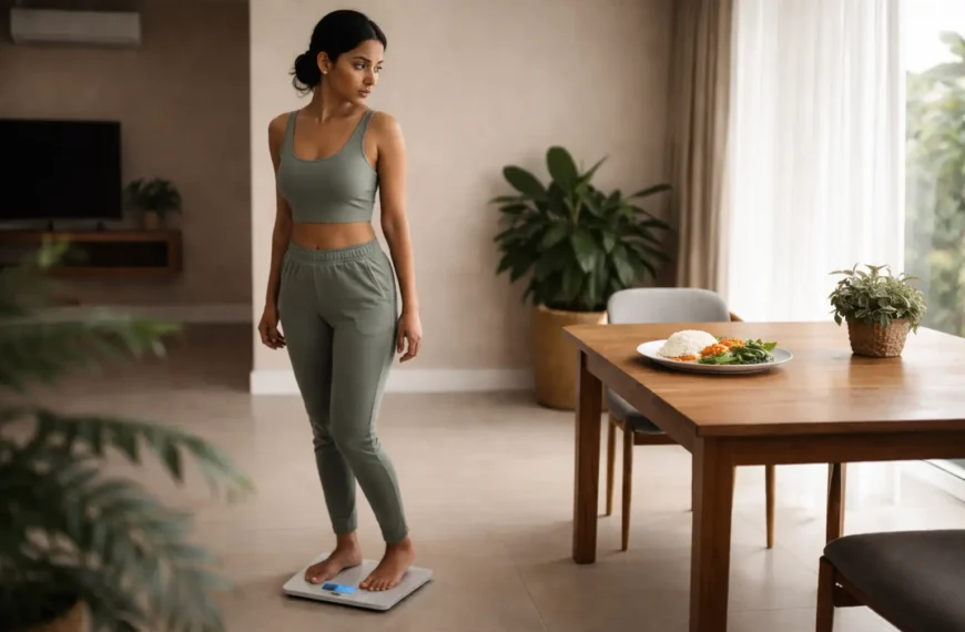 බර | Sri Lankan woman standing barefoot on a weight scale, looking directly at a rice plate on a dining table while considering healthy weight loss choices