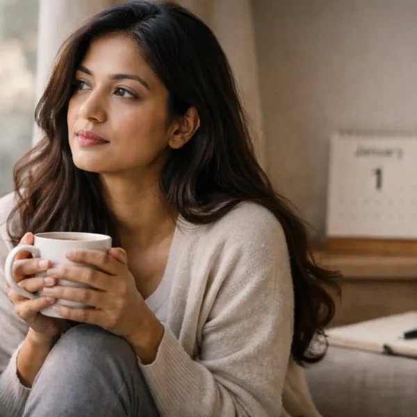 අලුත් අවුරුද්ද | A South Asian woman sitting by a window in soft morning light, holding a cup of tea and looking thoughtfully outside, symbolising reflection and emotional reset after the New Year.