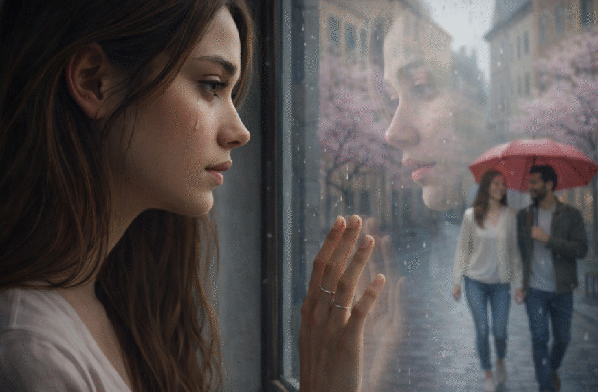 මම | A young South Asian woman stands by a rain-streaked window, a tear on her cheek as she looks at her reflection, while a happy couple walks outside under a red umbrella, symbolising one-sided love and emotional longing.