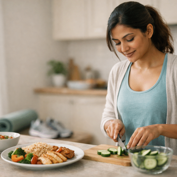 Fitness | South Asian woman preparing a balanced healthy meal in a bright kitchen, with vegetables, rice, and protein on the counter, and yoga mat and walking shoes in the background, representing fitness without strict dieting.