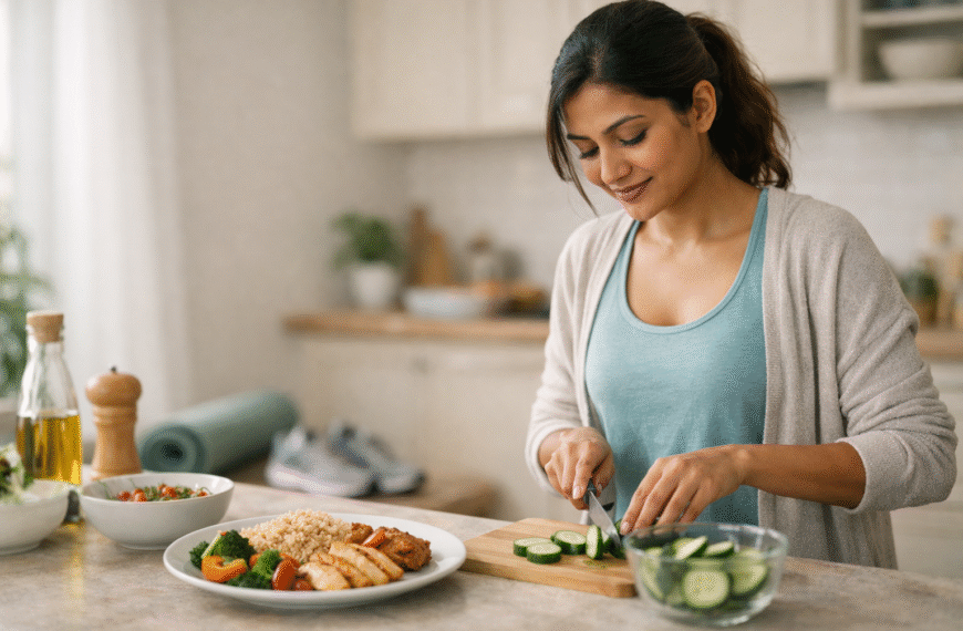 Fitness | South Asian woman preparing a balanced healthy meal in a bright kitchen, with vegetables, rice, and protein on the counter, and yoga mat and walking shoes in the background, representing fitness without strict dieting.