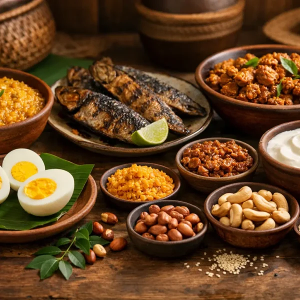 Protein-rich Sri Lankan foods arranged on a rustic wooden table, including boiled eggs, grilled fish, dhal, soy meat curry, curd, peanuts, cashews, and sesame seeds in an authentic traditional kitchen setting.