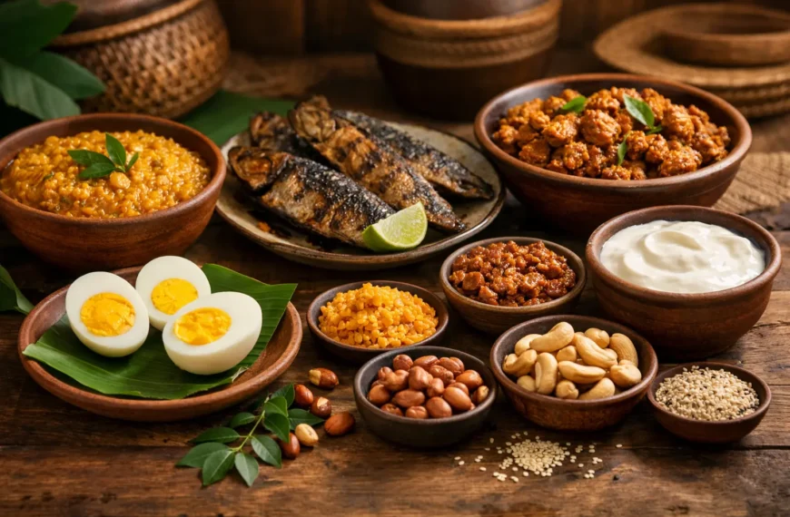 Protein-rich Sri Lankan foods arranged on a rustic wooden table, including boiled eggs, grilled fish, dhal, soy meat curry, curd, peanuts, cashews, and sesame seeds in an authentic traditional kitchen setting.