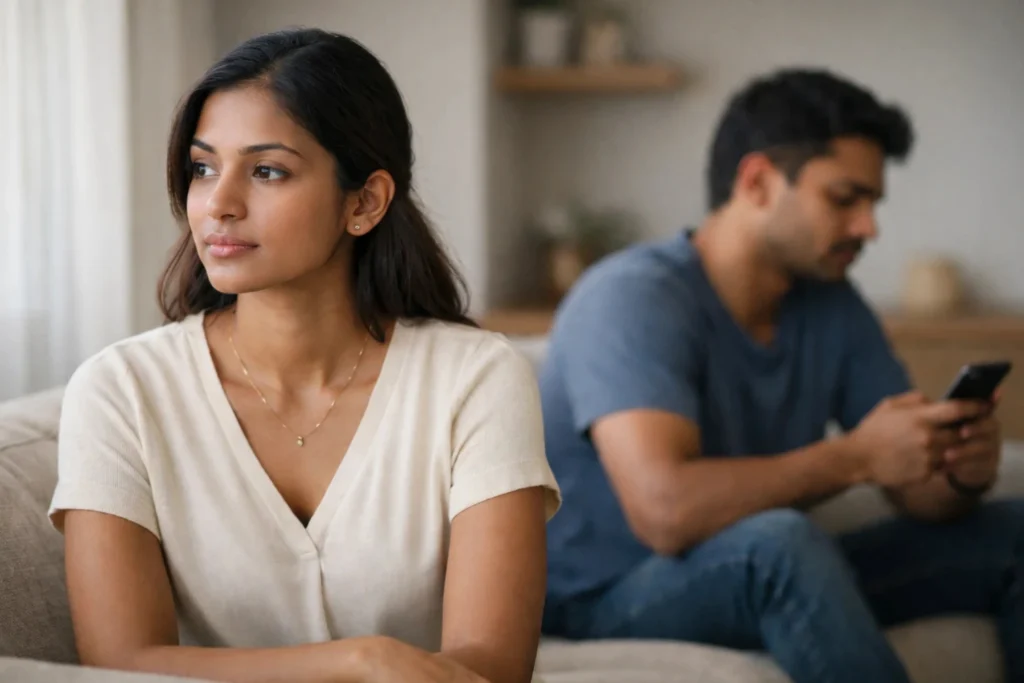 Relationship | A young Sri Lankan woman with smooth, natural-looking skin sits calmly in the foreground of a softly lit living room, looking away thoughtfully, while her boyfriend sits slightly behind her, distracted on his phone, symbolising emotional distance, self-respect, and boundaries in a modern relationship.