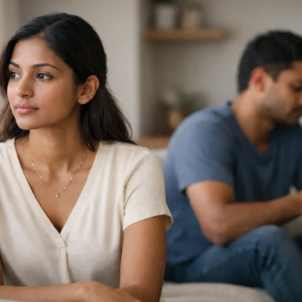 Relationship | A young Sri Lankan woman with smooth, natural-looking skin sits calmly in the foreground of a softly lit living room, looking away thoughtfully, while her boyfriend sits slightly behind her, distracted on his phone, symbolising emotional distance, self-respect, and boundaries in a modern relationship.