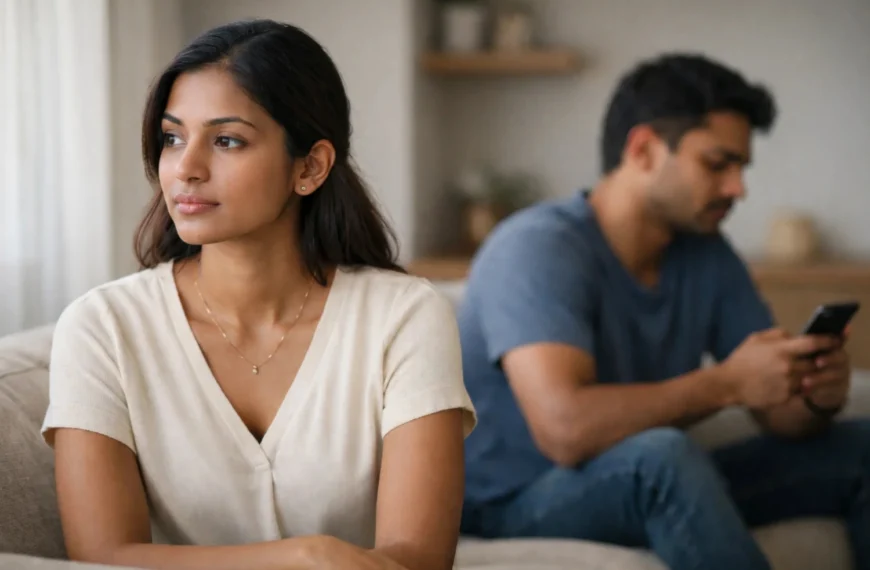 Relationship | A young Sri Lankan woman with smooth, natural-looking skin sits calmly in the foreground of a softly lit living room, looking away thoughtfully, while her boyfriend sits slightly behind her, distracted on his phone, symbolising emotional distance, self-respect, and boundaries in a modern relationship.