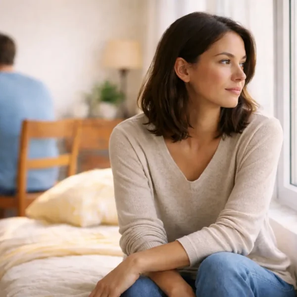 Relationships | A young woman in a beige long-sleeve blouse sits by a sunlit window, looking thoughtfully outside, while a man in a blue T-shirt sits blurred in the background, symbolising emotional distance in a relationship.