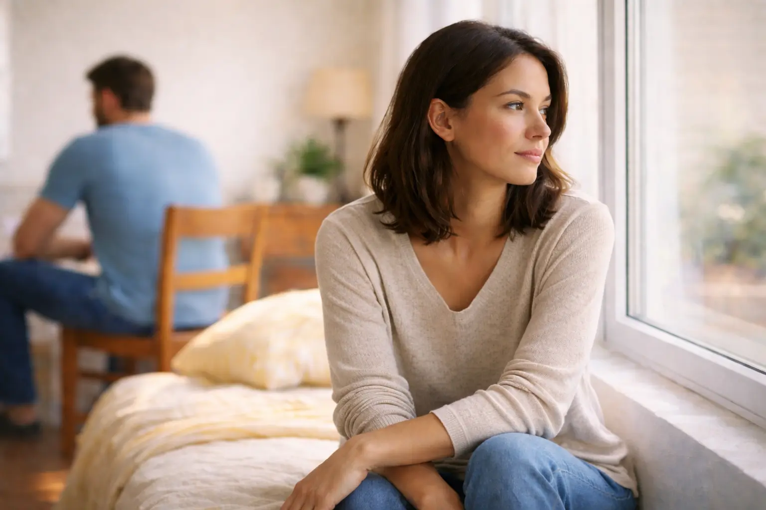 Relationships | A young woman in a beige long-sleeve blouse sits by a sunlit window, looking thoughtfully outside, while a man in a blue T-shirt sits blurred in the background, symbolising emotional distance in a relationship.