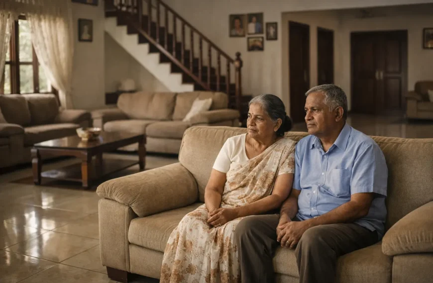 දරුවන් | Elderly Sri Lankan couple sitting quietly on one side of a large beige sofa in a spacious, slightly old-fashioned living room, softly lit by afternoon sunlight, with empty seating areas and a staircase in the background symbolising emotional distance and absent children.
