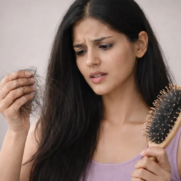 Hormones | Young South Asian woman with long black hair wearing a lavender purple tank top, holding a clump of fallen hair in one hand and a wooden hairbrush filled with shed strands in the other, looking concerned under soft diffused studio lighting against a neutral background.
