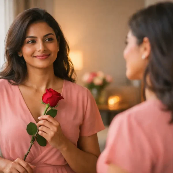 Sri Lankan woman in a blush pink dress holding a red rose and smiling at her reflection near a sunlit window, symbolising self-love on Valentine’s Day in a softly lit modern home.