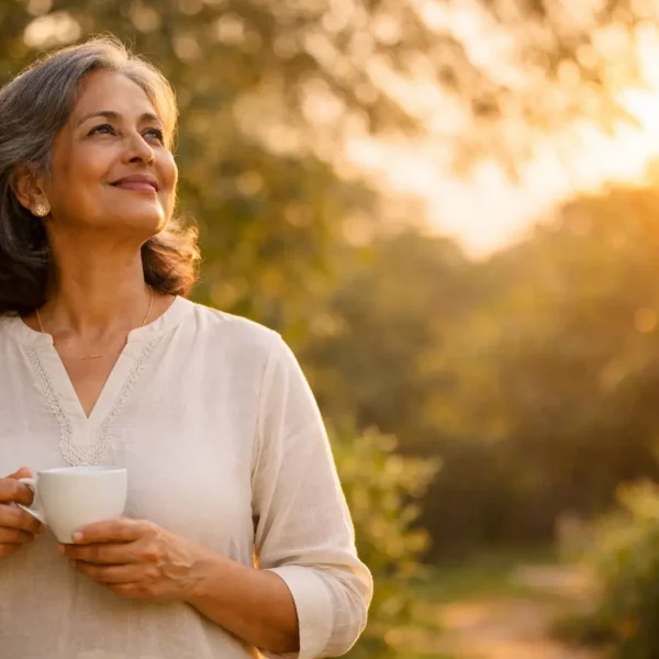 50 | Confident Sri Lankan woman in her late 50s wearing a light linen kurta, standing in a sunlit garden at golden hour, holding a white cup and smiling peacefully toward the sunlight.