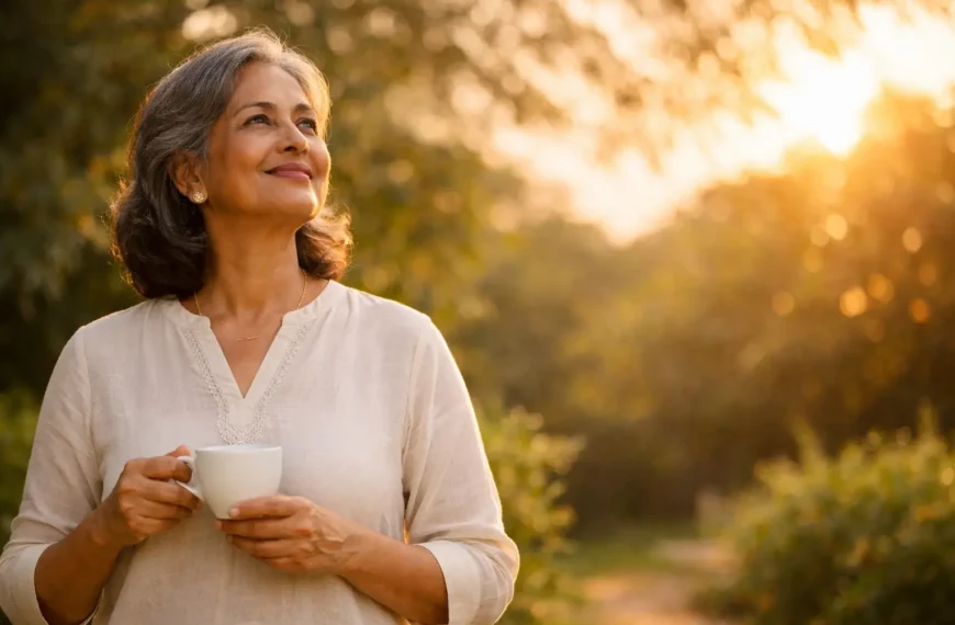 50 | Confident Sri Lankan woman in her late 50s wearing a light linen kurta, standing in a sunlit garden at golden hour, holding a white cup and smiling peacefully toward the sunlight.