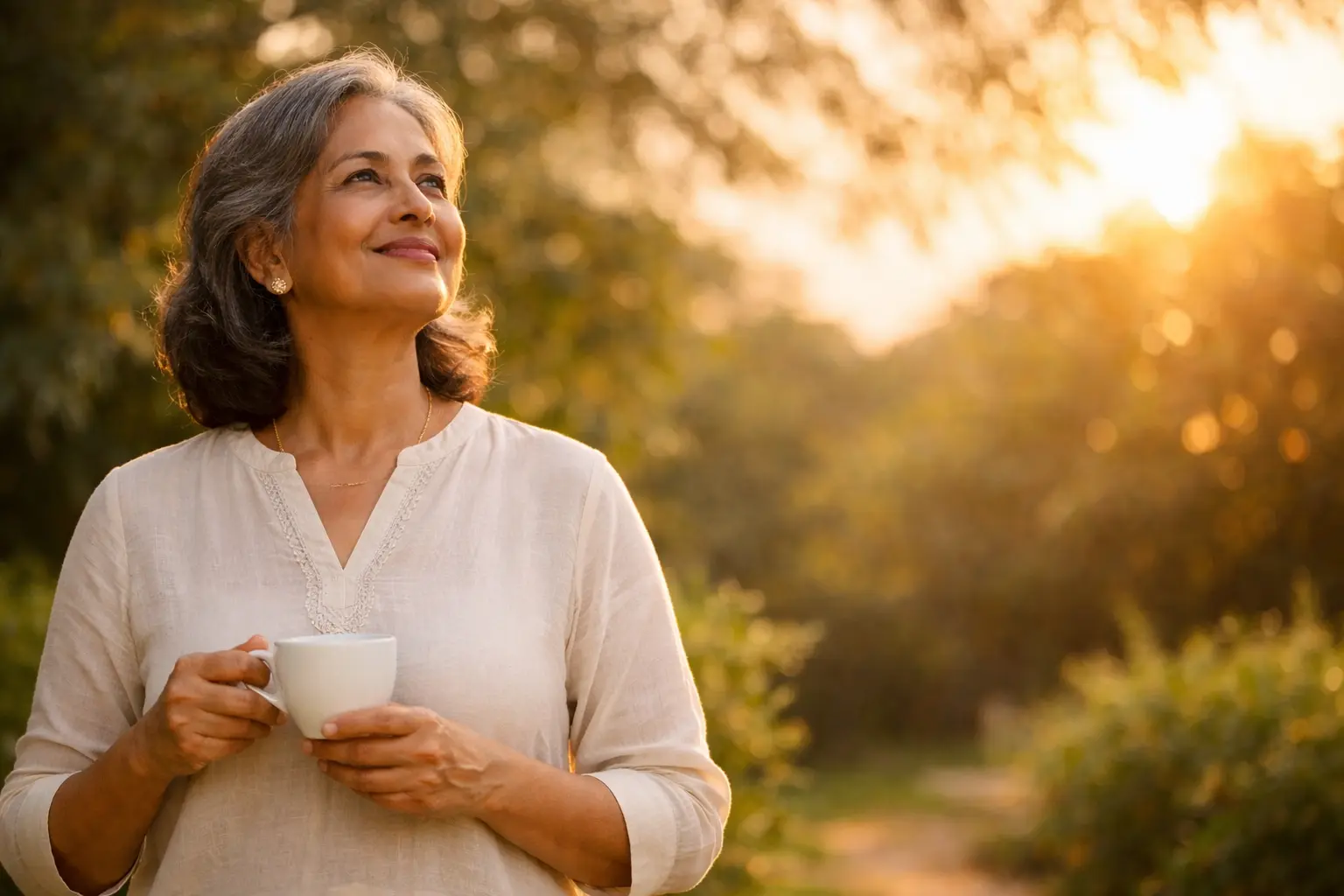 50 | Confident Sri Lankan woman in her late 50s wearing a light linen kurta, standing in a sunlit garden at golden hour, holding a white cup and smiling peacefully toward the sunlight.