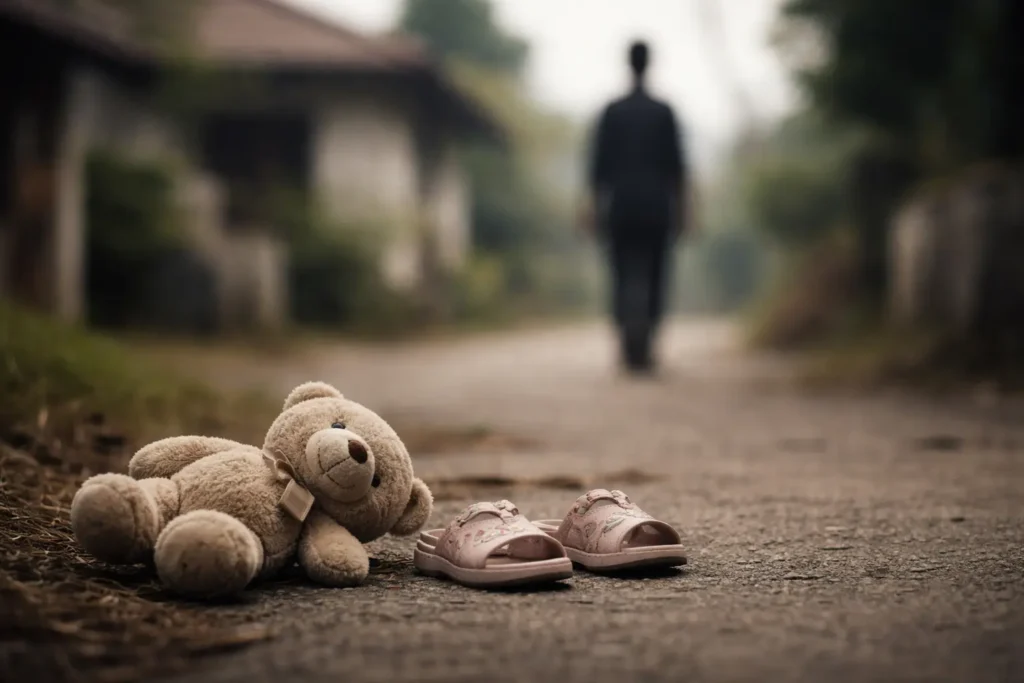 ළමා හිංසනය | A soft teddy bear and a pair of small pink children’s sandals placed on a quiet residential road, with a blurred adult figure standing in the distance near a modest Sri Lankan home under muted daylight, symbolising child protection awareness and vulnerability.