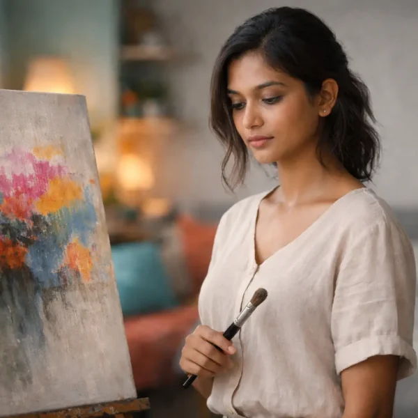 Expectations | A young Sri Lankan woman stands beside an easel in a softly lit room, holding a paintbrush while looking thoughtfully at a canvas featuring a colourful abstract painting with blues, pinks, oranges, and yellows. The background is gently blurred with warm indoor lighting, creating a calm, reflective mood.