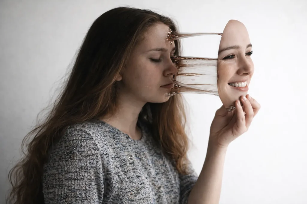 depress | A woman holds a smiling mask in front of her face while her real eyes remain closed and somber, connected by a translucent stretch, symbolising smiling depression, emotional masking, and the contrast between outward happiness and inner pain.