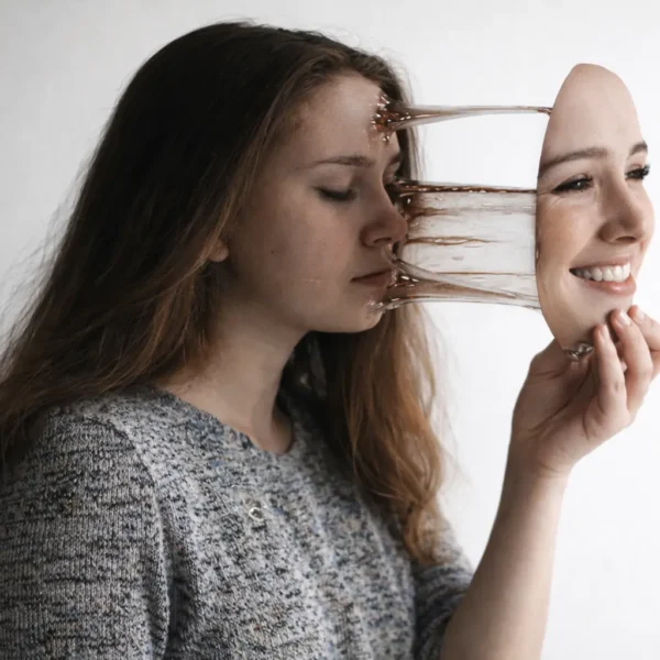 depress | A woman holds a smiling mask in front of her face while her real eyes remain closed and somber, connected by a translucent stretch, symbolising smiling depression, emotional masking, and the contrast between outward happiness and inner pain.