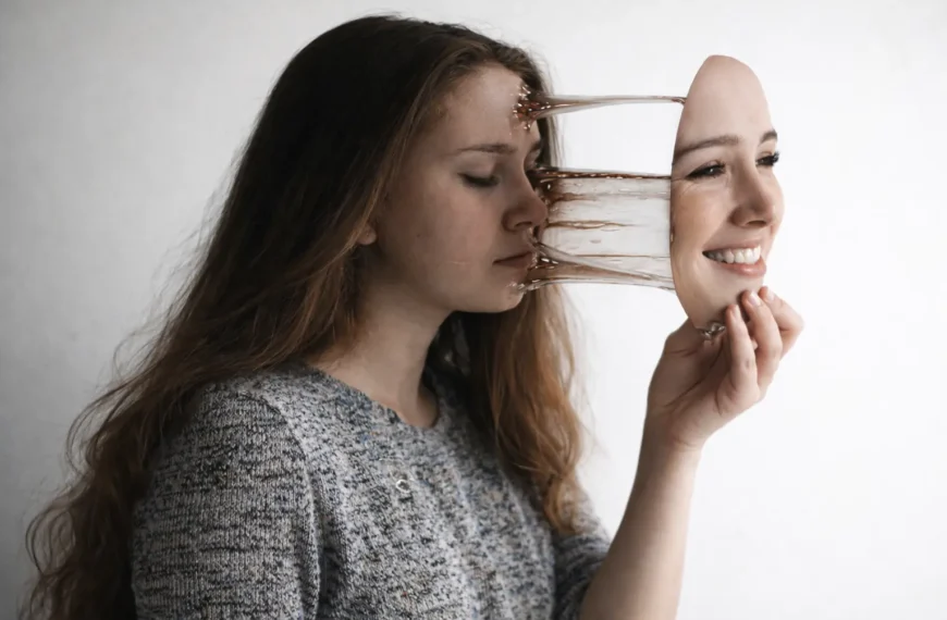 depress | A woman holds a smiling mask in front of her face while her real eyes remain closed and somber, connected by a translucent stretch, symbolising smiling depression, emotional masking, and the contrast between outward happiness and inner pain.