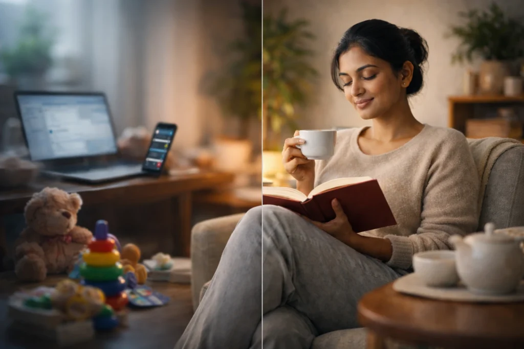 Me-time | Woman balancing busy responsibilities and peaceful me-time at home.