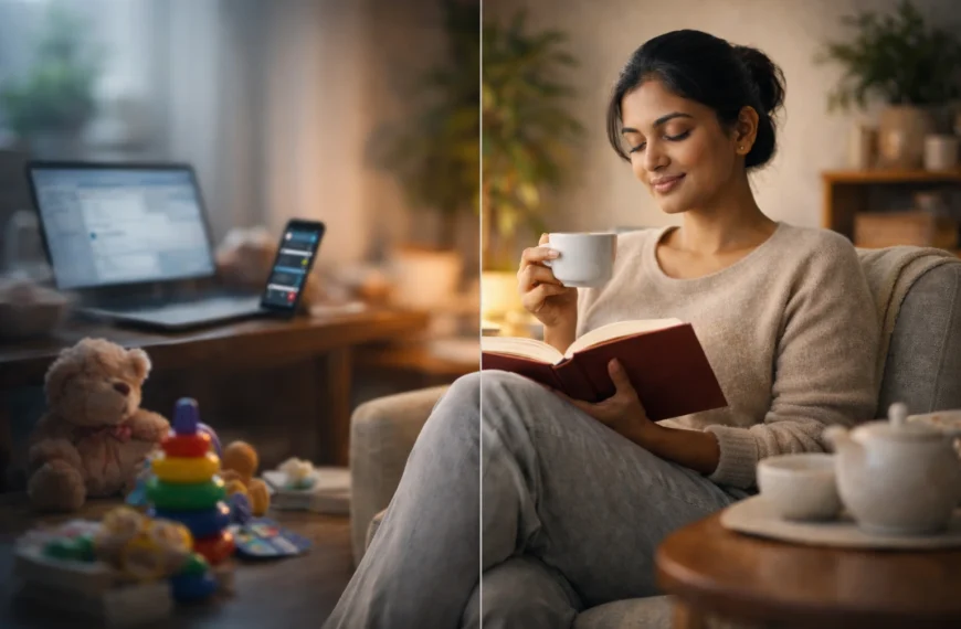 Me-time | Woman balancing busy responsibilities and peaceful me-time at home.