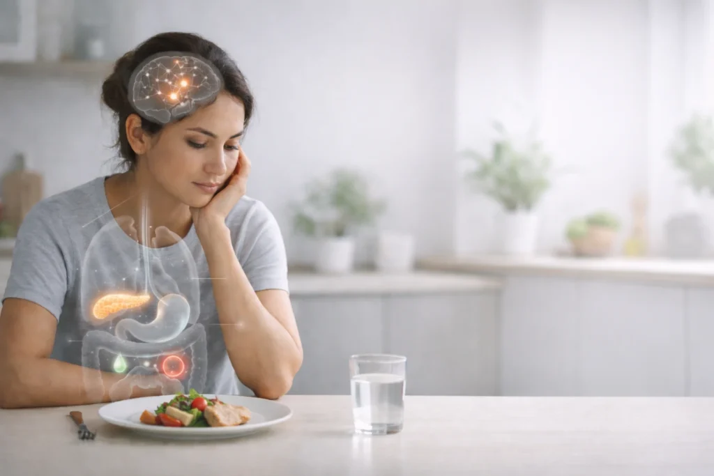 Hormones | Healthy woman sitting at a dining table with an untouched plate of food, subtle anatomical overlays highlighting the brain, pancreas and digestive system to illustrate how skipping meals affects hormones, set in a calm modern kitchen.