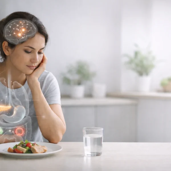 Hormones | Healthy woman sitting at a dining table with an untouched plate of food, subtle anatomical overlays highlighting the brain, pancreas and digestive system to illustrate how skipping meals affects hormones, set in a calm modern kitchen.