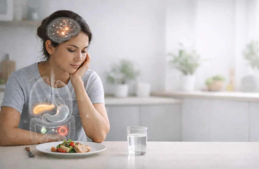 Hormones | Healthy woman sitting at a dining table with an untouched plate of food, subtle anatomical overlays highlighting the brain, pancreas and digestive system to illustrate how skipping meals affects hormones, set in a calm modern kitchen.