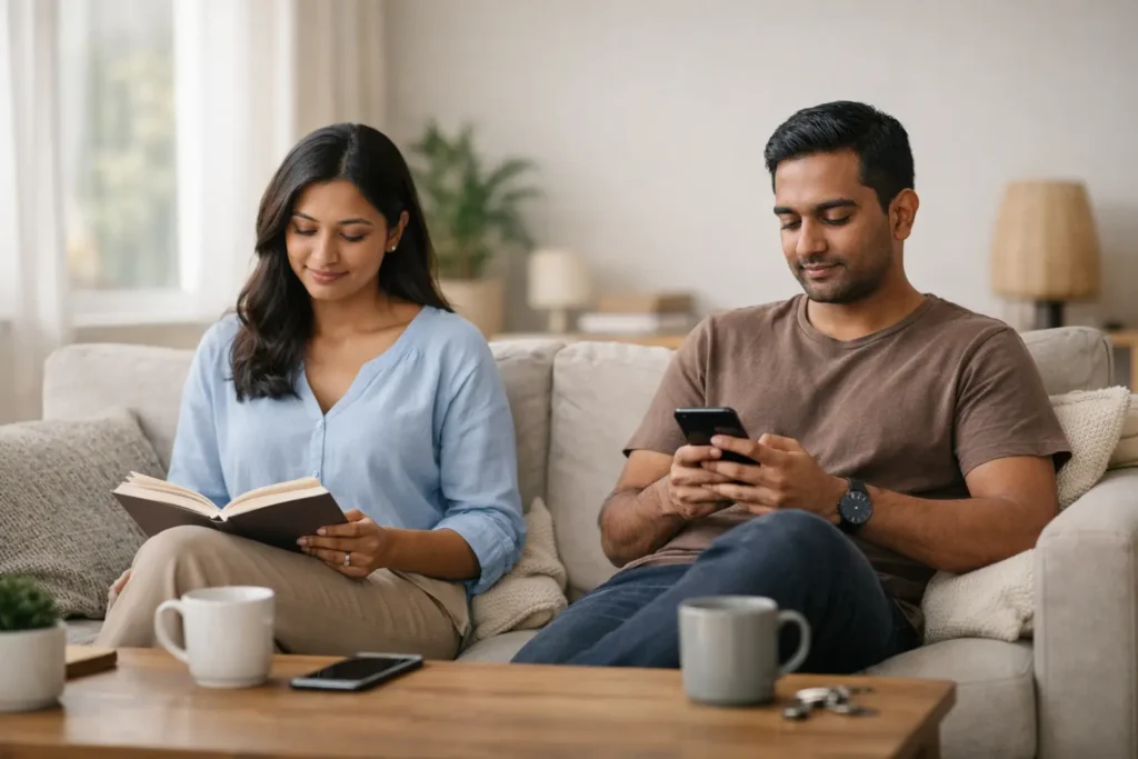 boundaries | A calm, modern couple sitting together on a sofa with comfortable personal space, each engaged in their own activity, symbolising healthy boundaries and mutual respect in a romantic relationship.