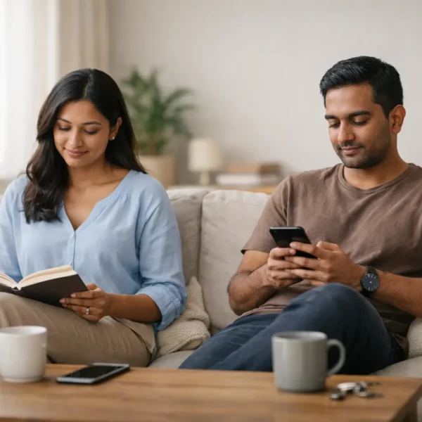 boundaries | A calm, modern couple sitting together on a sofa with comfortable personal space, each engaged in their own activity, symbolising healthy boundaries and mutual respect in a romantic relationship.