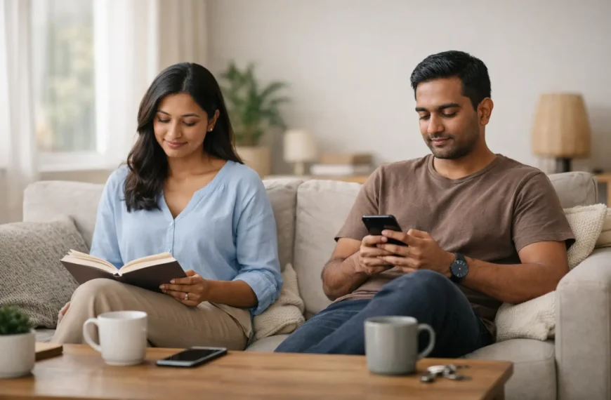 boundaries | A calm, modern couple sitting together on a sofa with comfortable personal space, each engaged in their own activity, symbolising healthy boundaries and mutual respect in a romantic relationship.