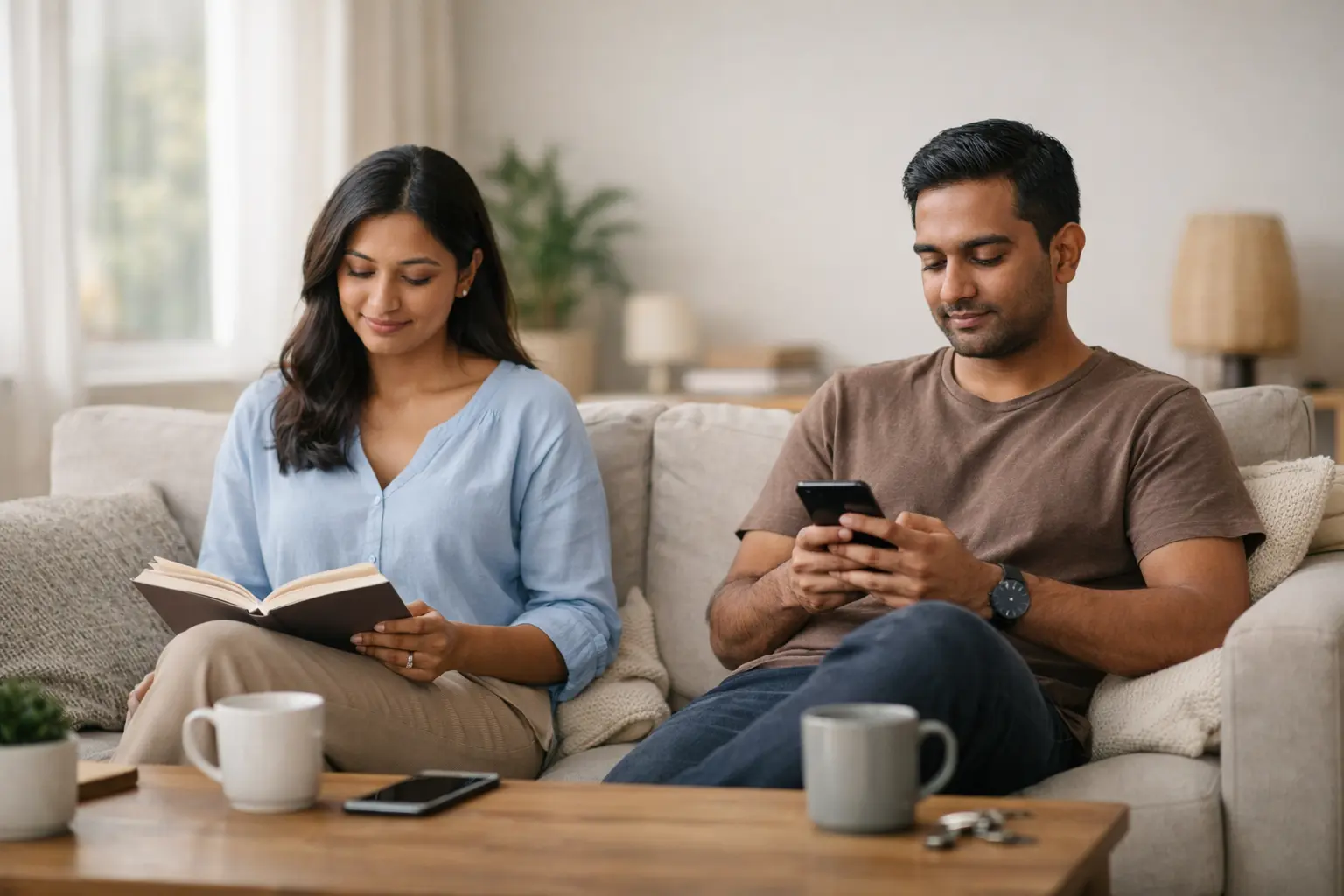 boundaries | A calm, modern couple sitting together on a sofa with comfortable personal space, each engaged in their own activity, symbolising healthy boundaries and mutual respect in a romantic relationship.