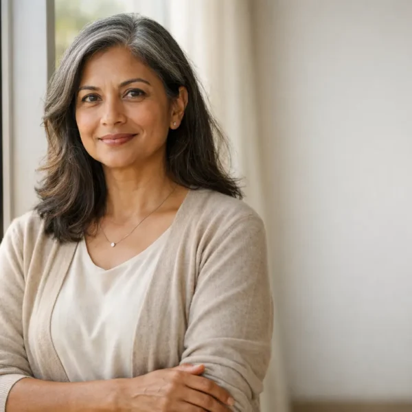 Confident South Asian woman in her early 50s standing by a window in soft natural light, with grey-streaked hair and a calm, assured expression, representing self-worth and empowerment after 50.