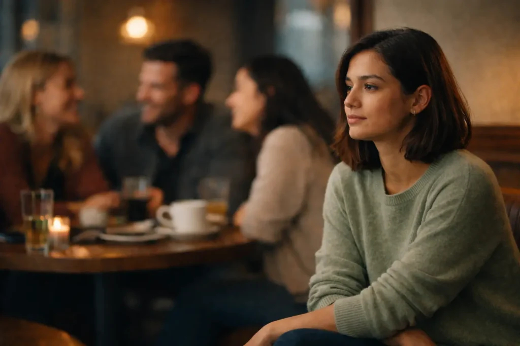 Loneliness | A woman in a sage green sweater sits quietly in a café while people chat in the background, expressing subtle loneliness in a social setting