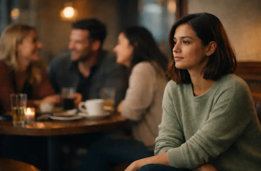 Loneliness | A woman in a sage green sweater sits quietly in a café while people chat in the background, expressing subtle loneliness in a social setting