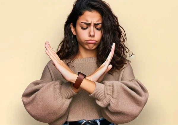 Boundaries | Young woman wearing a beige sweater crossing her arms in an “X” gesture to signal “no”, expressing refusal and setting personal boundaries against a neutral beige background.