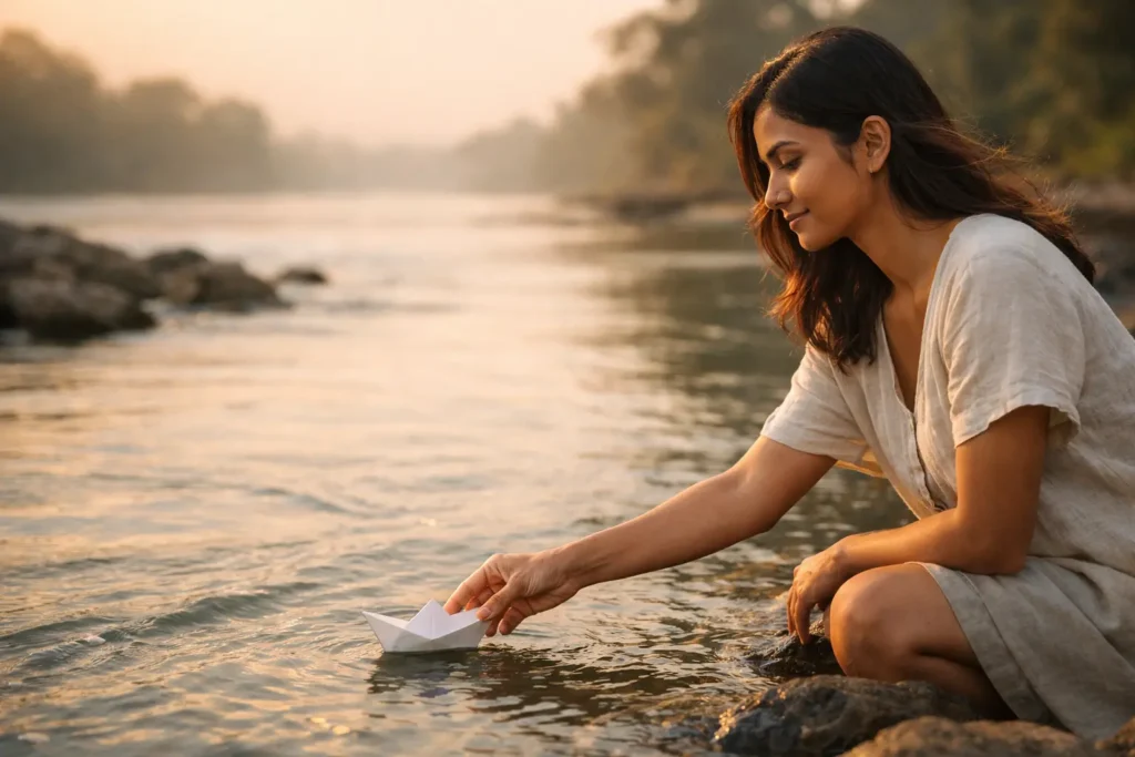 letting go | Young Sri Lankan woman at sunrise by a calm river, gently releasing a white paper boat into flowing water, warm golden light reflecting on the surface, peaceful and reflective mood with soft blurred background.